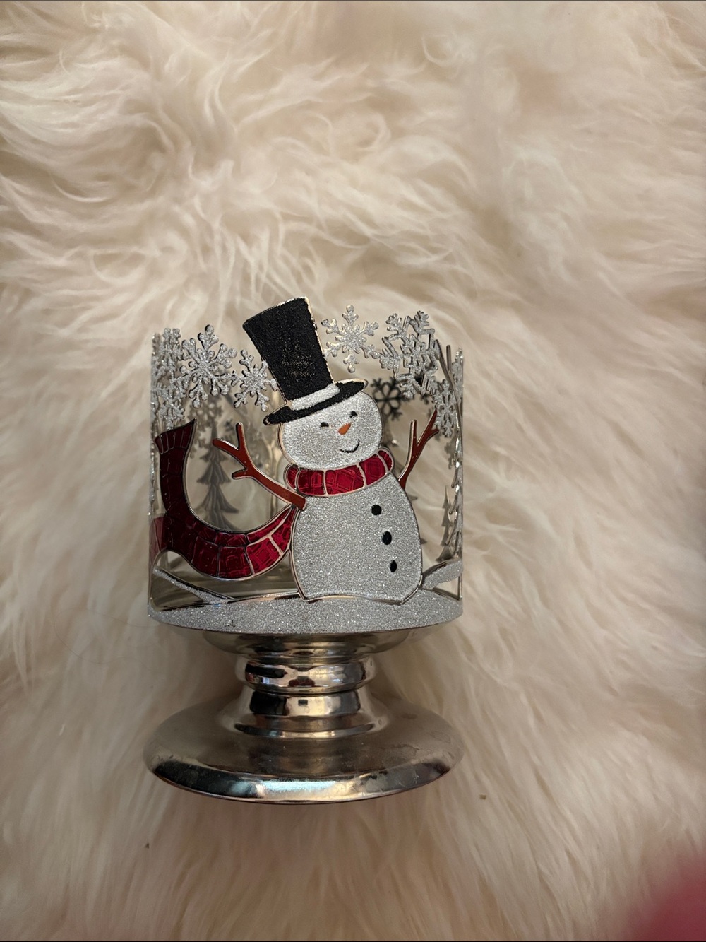 Bath & Body Works Silver Snowman Candle Holder with Red Scarf